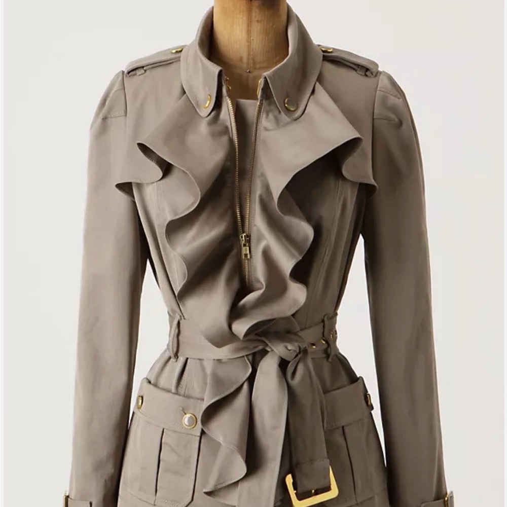 Anthropologie Elevenses Ruffled Femme Trench Jacket - Taupe sz 0